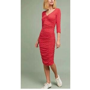 ANTHROPOLOGIE Red Midi Ruched Column Dress Size Small
